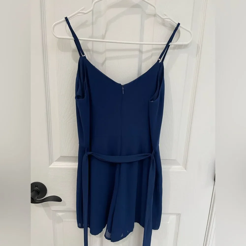 FORA Royal Navy Blue Belted Tie V Neck Romper Women’s Size S
